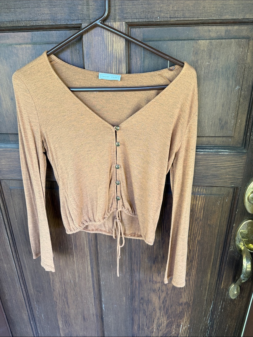 emory park Rust Brown Button-Front Drawstring Crop Top